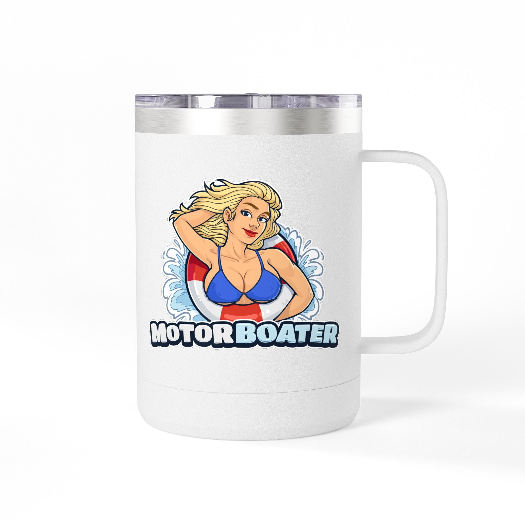Motor Boater 15oz Travel Mug — Retro Pin-Up Boat Lover Tumbler