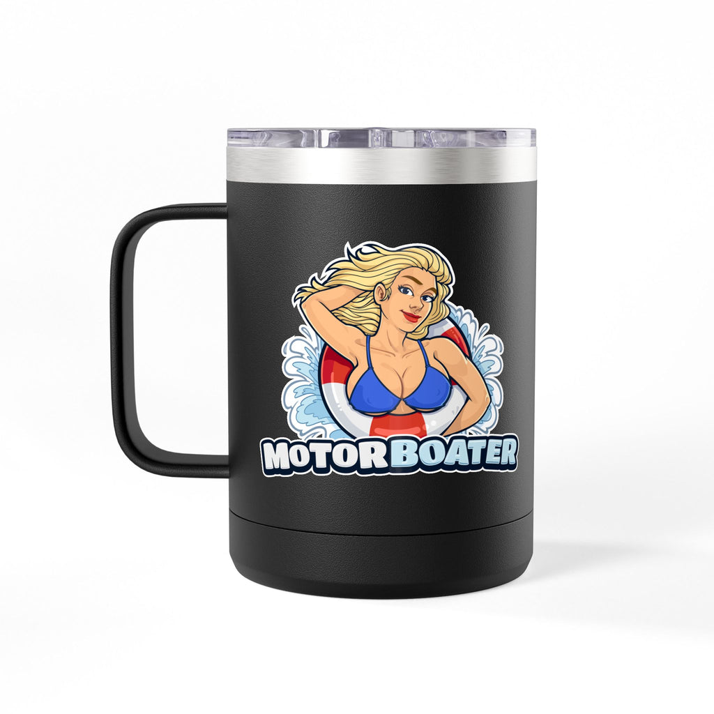 Motor Boater 15oz Travel Mug — Retro Pin-Up Boat Lover Tumbler