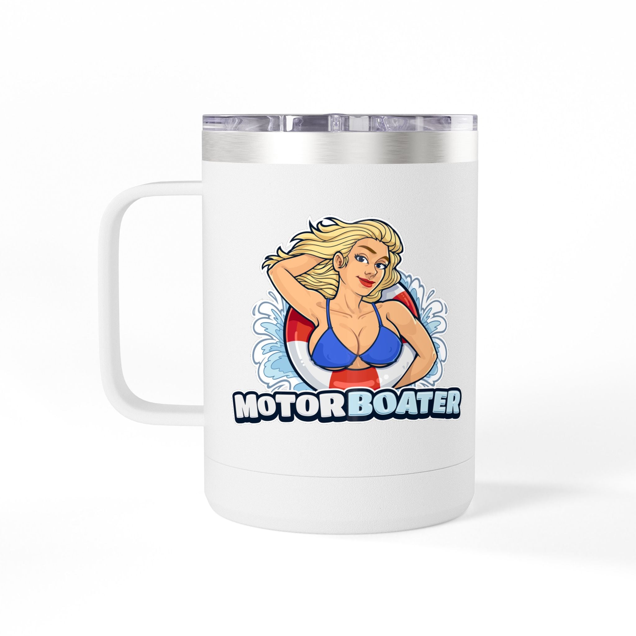 Motor Boater 15oz Travel Mug — Retro Pin-Up Boat Lover Tumbler