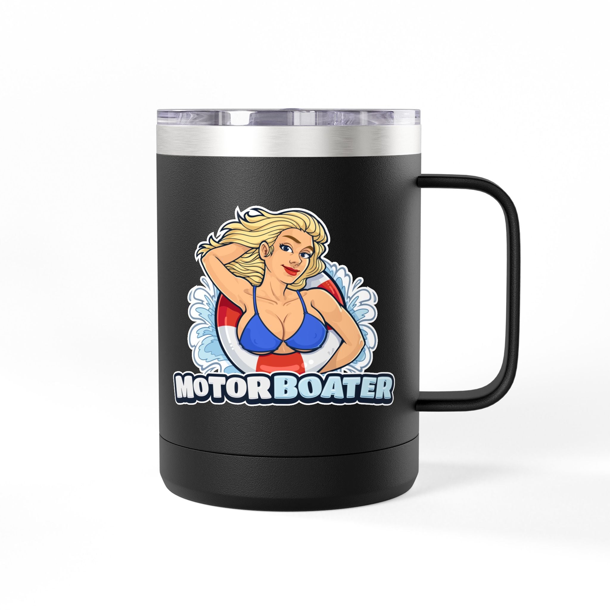 Motor Boater 15oz Travel Mug — Retro Pin-Up Boat Lover Tumbler